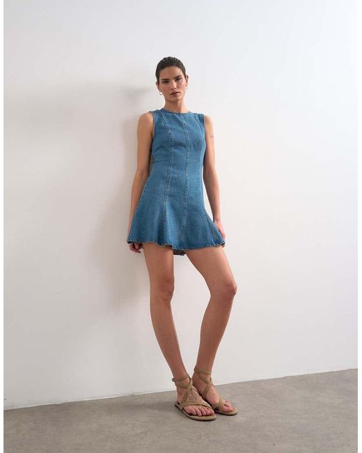 TOPSHOP Blue Denim Seamed Flippy Mini Dress