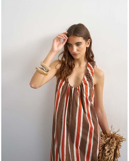 TOPSHOP Brown Cotton Poplin Ruched Neck Maxi Sundress