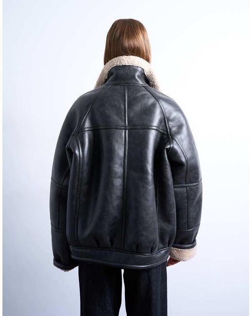 TOPSHOP Blue Super Oversized Vintage Wash Faux Shearling Aviator Bomber Jacket