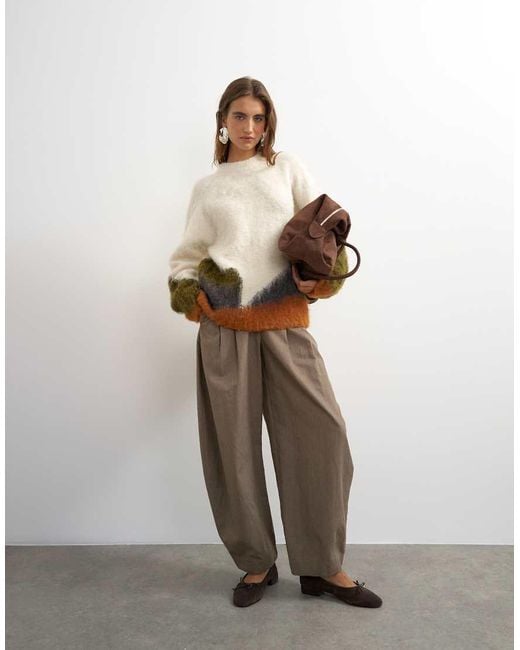 TOPSHOP Brown Knit Hairy Abstract Color Block Striped Wool Mix Crew Neck Sweater