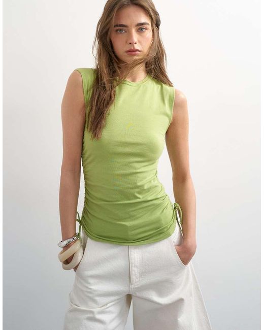 TOPSHOP Green Ruched Drawcord Tank Top