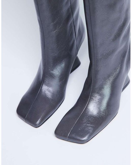 TOPSHOP Blue Selma Premium Leather Knee High Wedge Boot