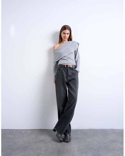 TOPSHOP Gray Asymmetric Soft Touch Bardot Drape Long Sleeve Top