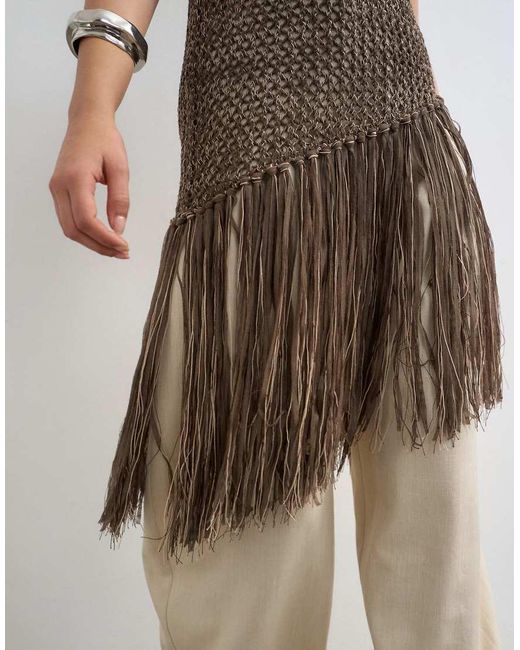 TOPSHOP Natural Knit Sleeveless Tape Fish Net Asymmetric Fringing Tassel Top