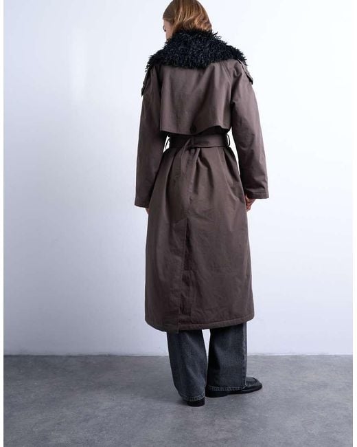 TOPSHOP Brown Faux Fur Collar Belted Mac