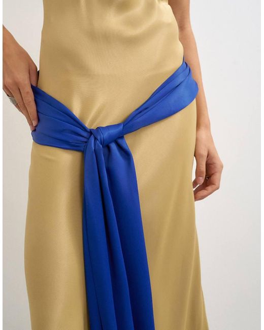 TOPSHOP Blue Satin Dropped Waist Maxi Dress With Contrast Tie Belt