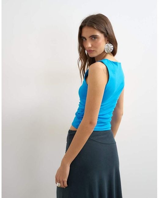 TOPSHOP Blue V-Neck Ruched Side Tank-Multi