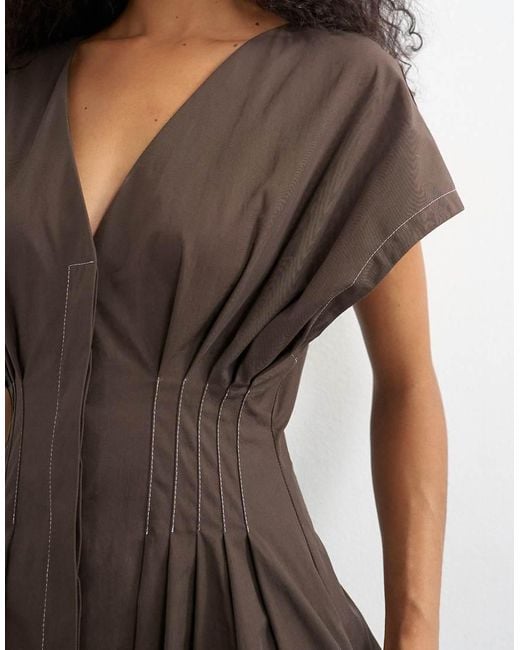 TOPSHOP Brown exaggerated Shoulder Dress With Cinched Pintuck Waist