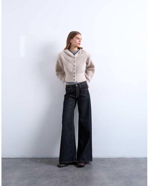 TOPSHOP White Knitted Button Through Shoulder Padded Hoodie