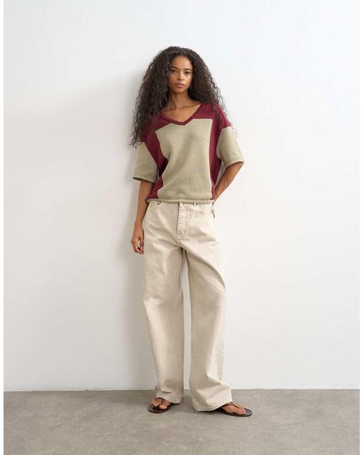 TOPSHOP Green Knitted Drawstring Colour Block Top