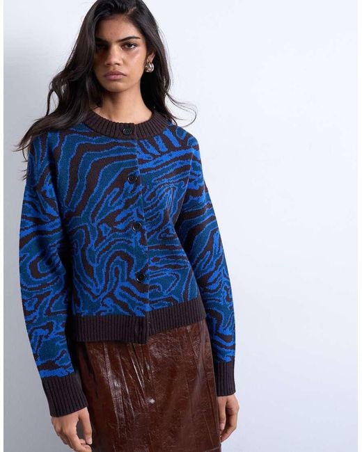 TOPSHOP Blue Knitted Animal Print Cardigan