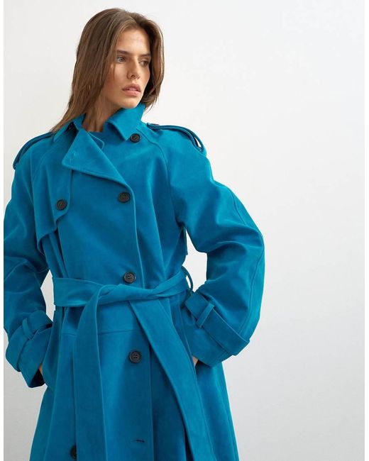 TOPSHOP Blue Longline Oversized Faux Suede Trench Coat