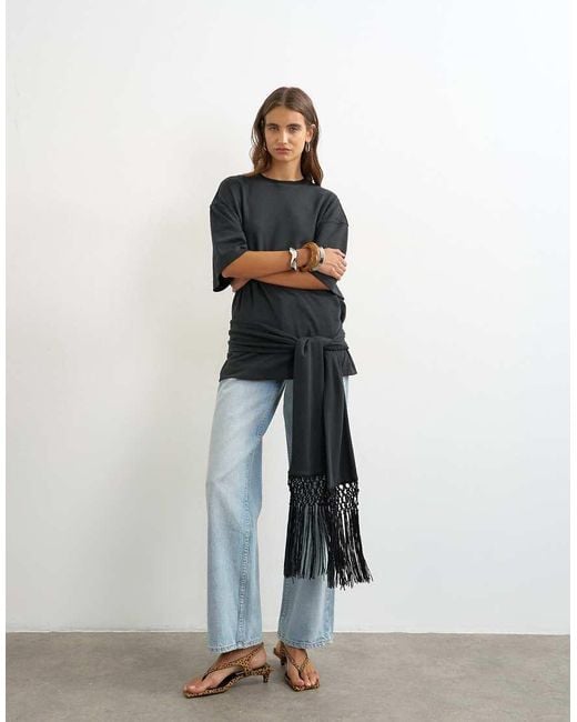 TOPSHOP Black Premium Fringe Tie Detail Tee