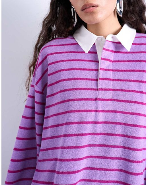 TOPSHOP Purple Towelling Stripe Oversized Long Sleeve Polo