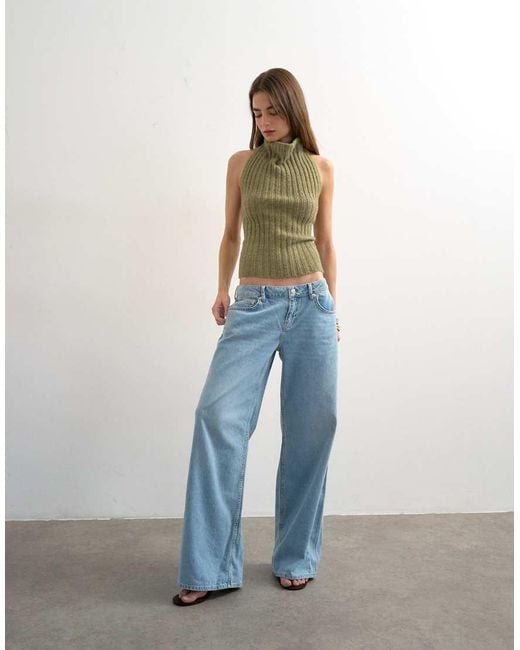 TOPSHOP Green Knit Drape Neck Low Back Top