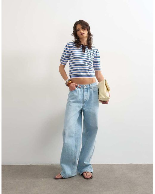TOPSHOP Blue Knitted Short Sleeve Fitted Stripe Polo Top
