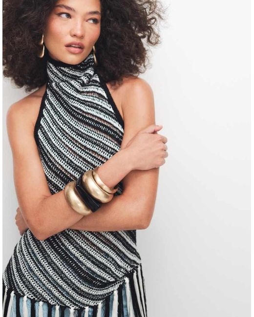 TOPSHOP Blue Knitted Stripe Halterneck Longline Fringing Tunic
