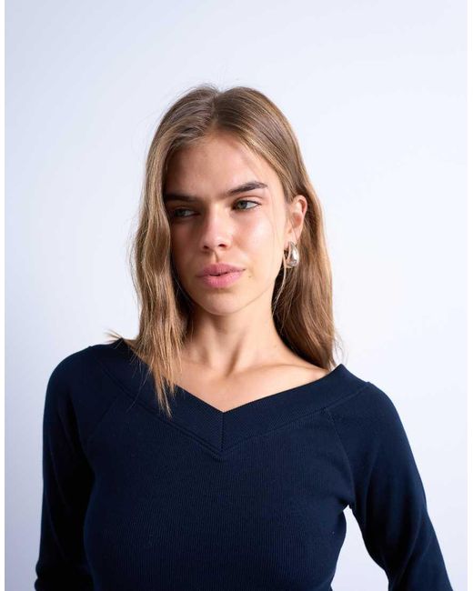 TOPSHOP Blue Rib Raglan V-Neck Long Sleeve Top