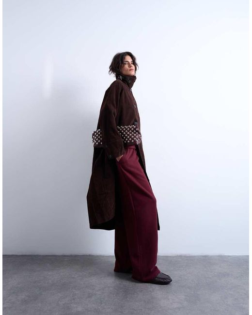 TOPSHOP Brown Faux Suede Funnel Long Car Coat With Neck Tab