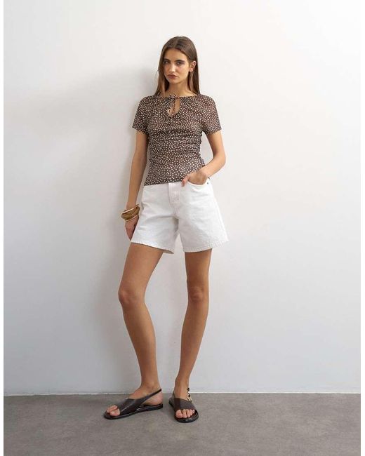 TOPSHOP Brown Polka Dot Mesh Key Hole Detail Short Sleeve Top