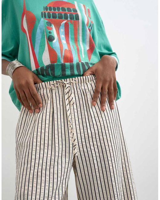 TOPSHOP Green Crinkle Stripe Drawcord Trouser