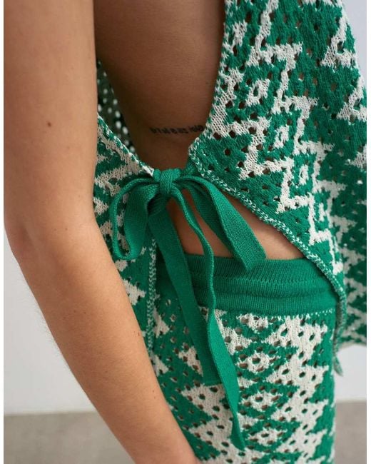 TOPSHOP Green Knitted Patterned Crochet Look Co-Ord Shirt