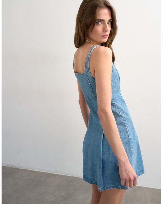 TOPSHOP Blue Denim Flippy Seamed Pleat Hem Mini Dress