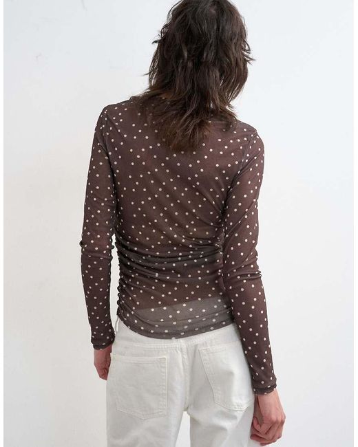 TOPSHOP Brown Mesh Slash Neck Long Sleeve Top