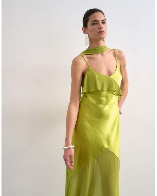 TOPSHOP Green Mixed Fabric Ruffle Detail Maxi Slip Dress