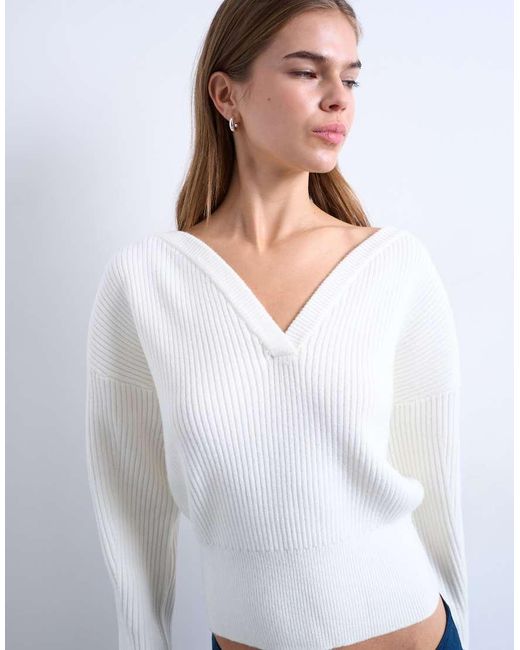 TOPSHOP White Knit Sweetheart Neck Cinched Waist Sweater