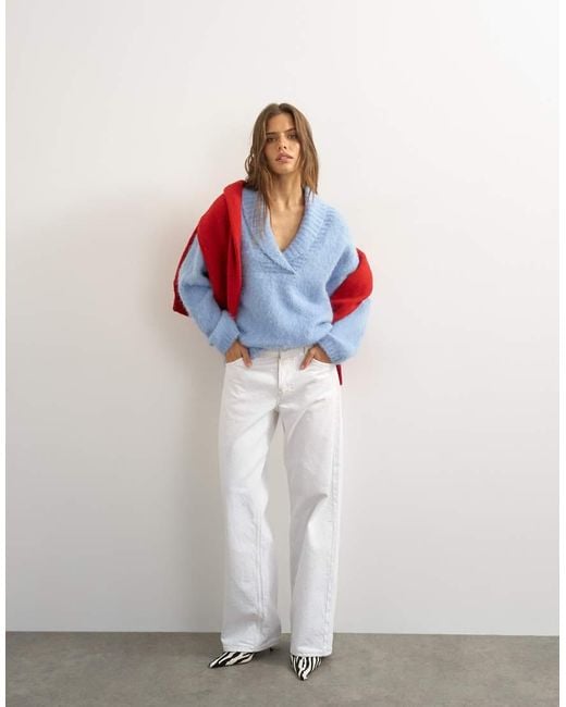 TOPSHOP Blue Knitted Premium Shawl Collar Jumper With Wool