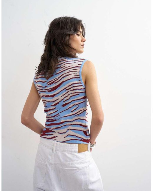 TOPSHOP Multicolor Knitted Sleeveless Keyhole Animal Print Tank Top