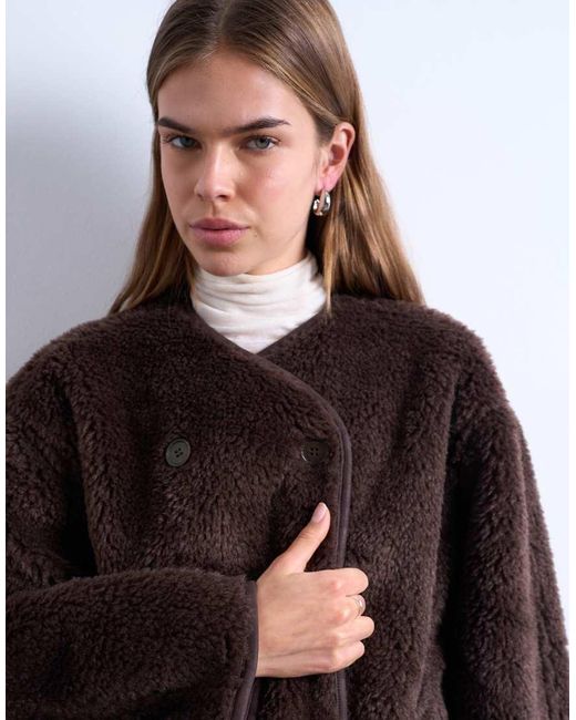 TOPSHOP Brown Ovoid Short Shearling Double Breasted Jacket