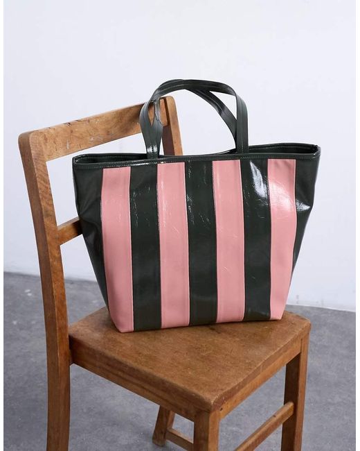 TOPSHOP Blue Stevie Large Striped Faux Leather Tote Bag