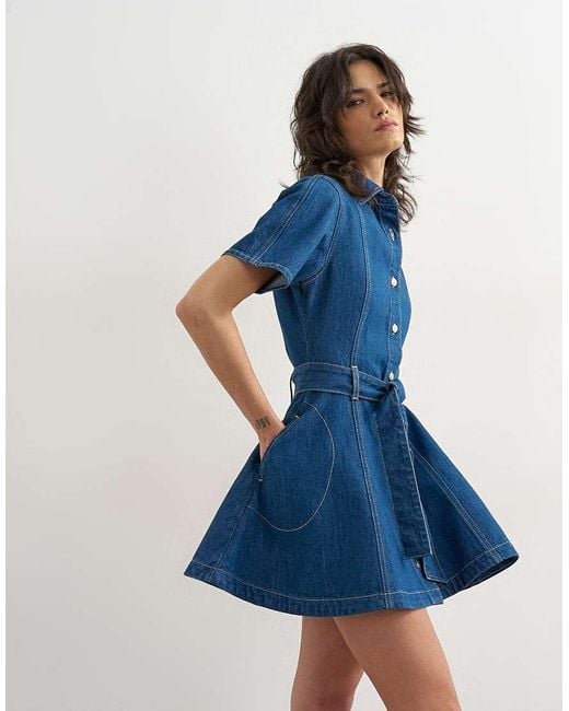 TOPSHOP Blue Denim Short Sleeve Belted Mini Dress