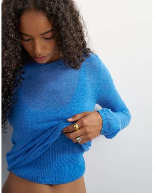 TOPSHOP Blue Knitted Double Layer Sheer Top With Wool