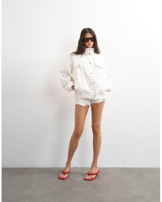 TOPSHOP White Denim Funnel Neck Elastic Hem Detail Jacket