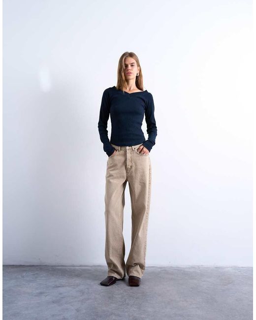 TOPSHOP Blue Rib Raglan V-Neck Long Sleeve Top