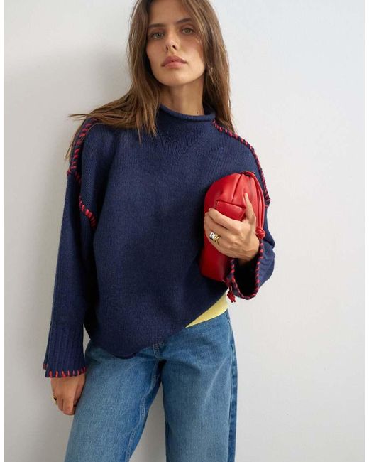 TOPSHOP Blue Knitted Roll Edge Blanket Stitch Jumper