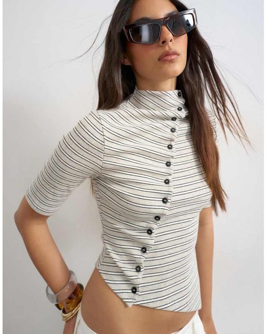 TOPSHOP Green Stripe High Neck Ruffle Button Through Half Sleeve Top