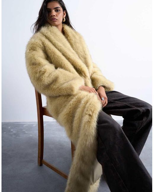 TOPSHOP Yellow Faux Fur Super Long Oversized Shawl Coat
