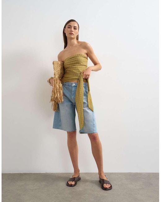 TOPSHOP Green Tile Print Tie Detail Bandeau Top