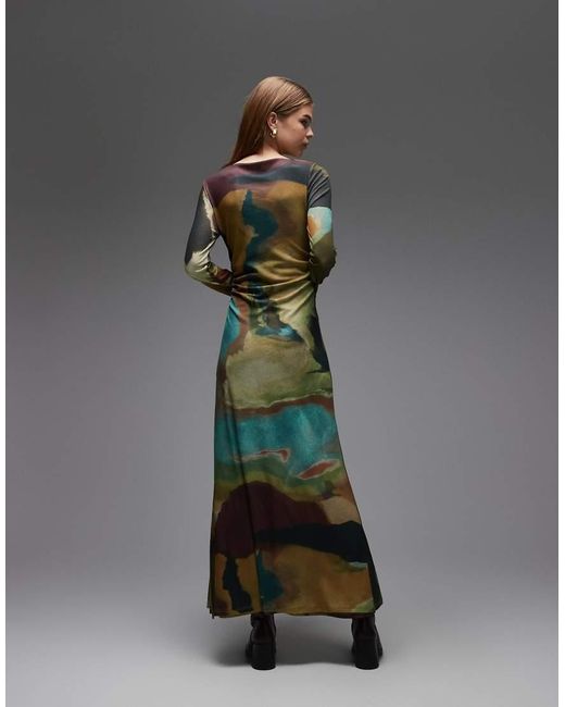 TOPSHOP Gray Abstract Print Long Sleeve Maxi Dress