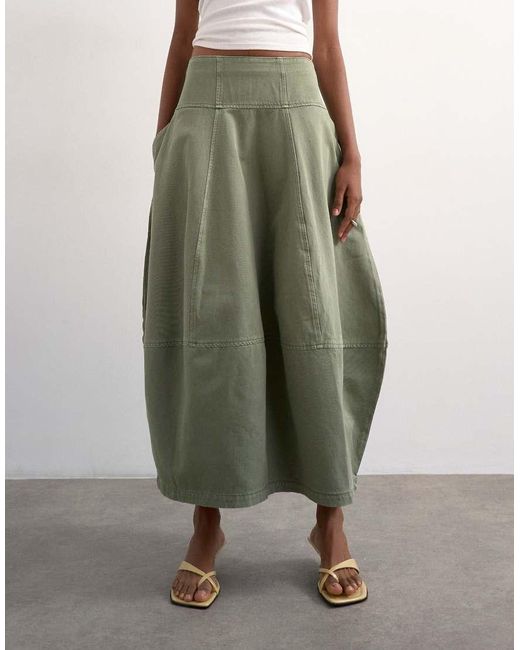 TOPSHOP Green Denim Seamed Barrel Maxi Skirt