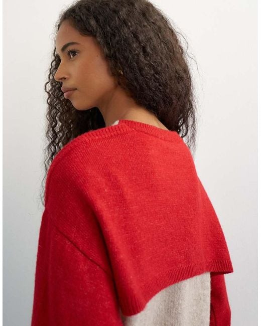 TOPSHOP Red Knitted Detachable Wrap Scarf Sweater