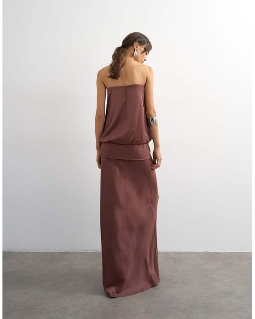 TOPSHOP Brown Satin Dropped Waist Blouson Bandeau Maxi Dress