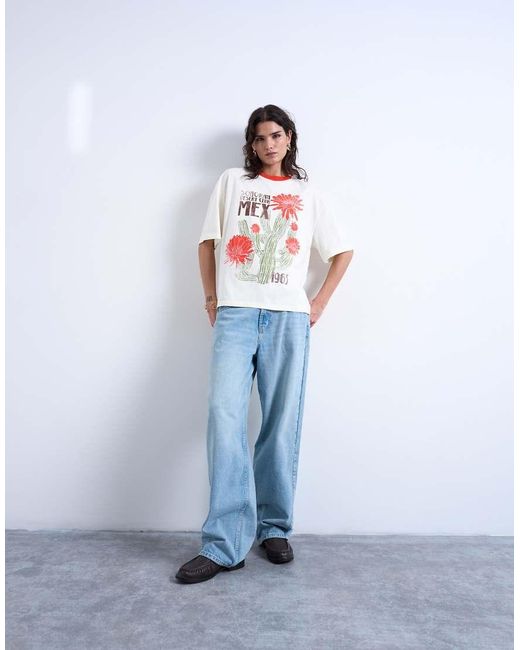 TOPSHOP White Graphic Cactus Contrast Ringer Oversized Tee