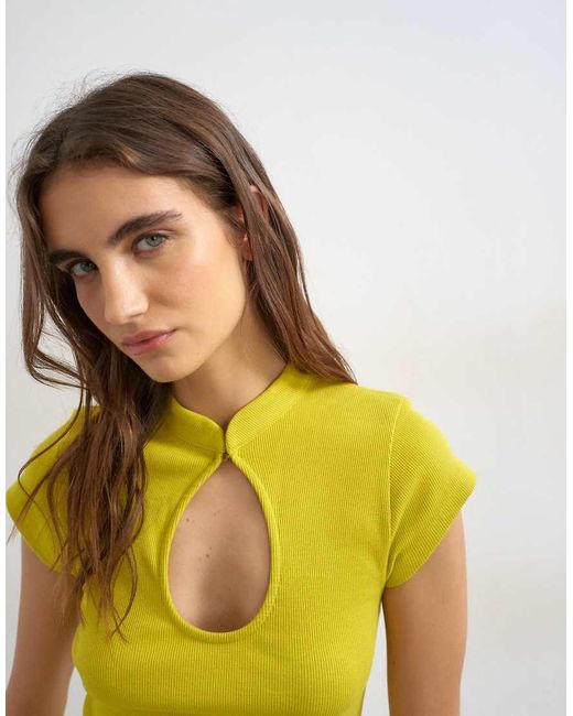 TOPSHOP Yellow Ribbed Key Hole Top