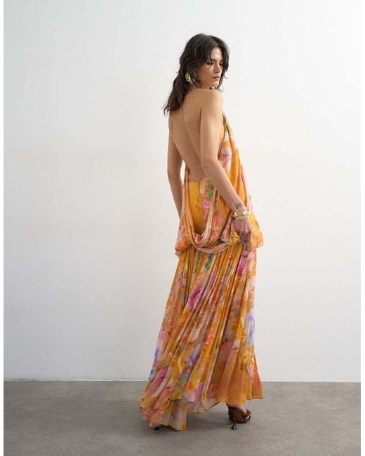TOPSHOP Brown Premium Viscose Blouson Halter Neck Maxi Dress With Open Back And Train