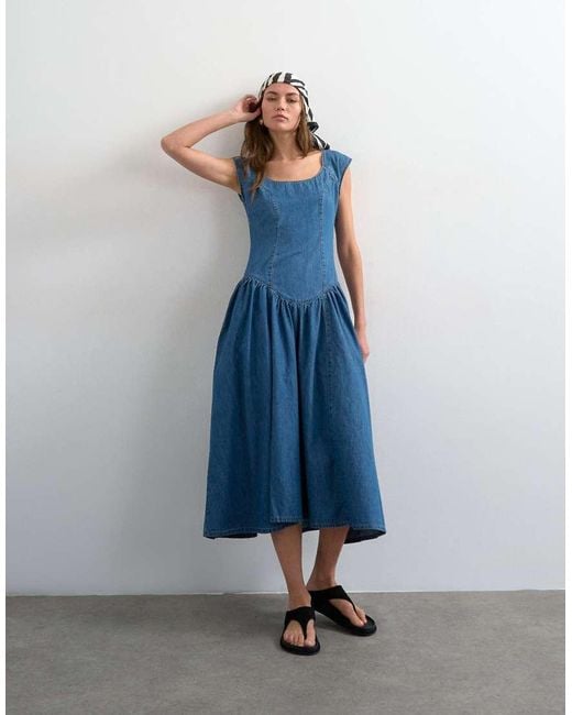 TOPSHOP Blue Denim Drop Waist Midi Dress